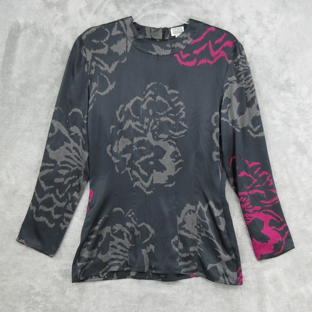 Luciano Soprani Top Womens Size 42 S Floral Silk Quiet Luxury Office Italy Zip